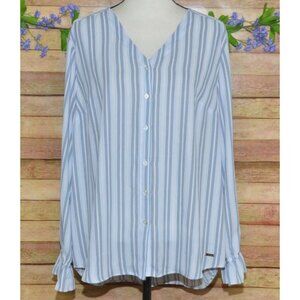 Tahari Ladies Blue Striped Button Front V-Neck Blouse XL Long Bell Sleeves Tunic